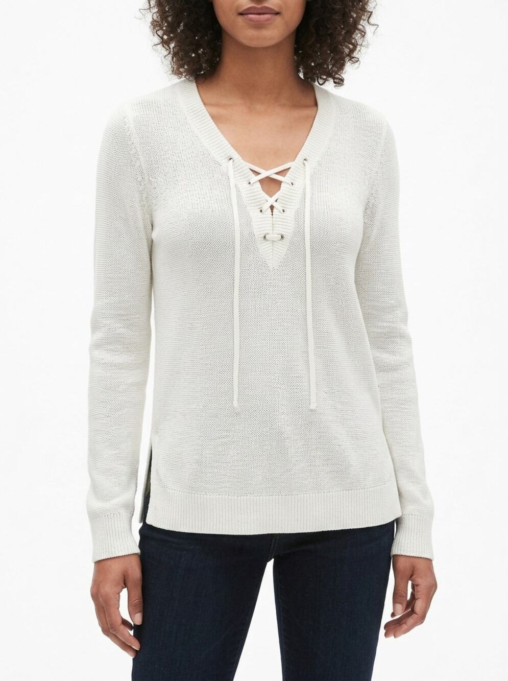 Gap White V-Neck Lace Knit Lightweight Sweater Women Size L